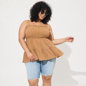 Torrid Swiss Dot Washable Gauze Tiered Pin Tuck Tank; Tabacco Brown; 0